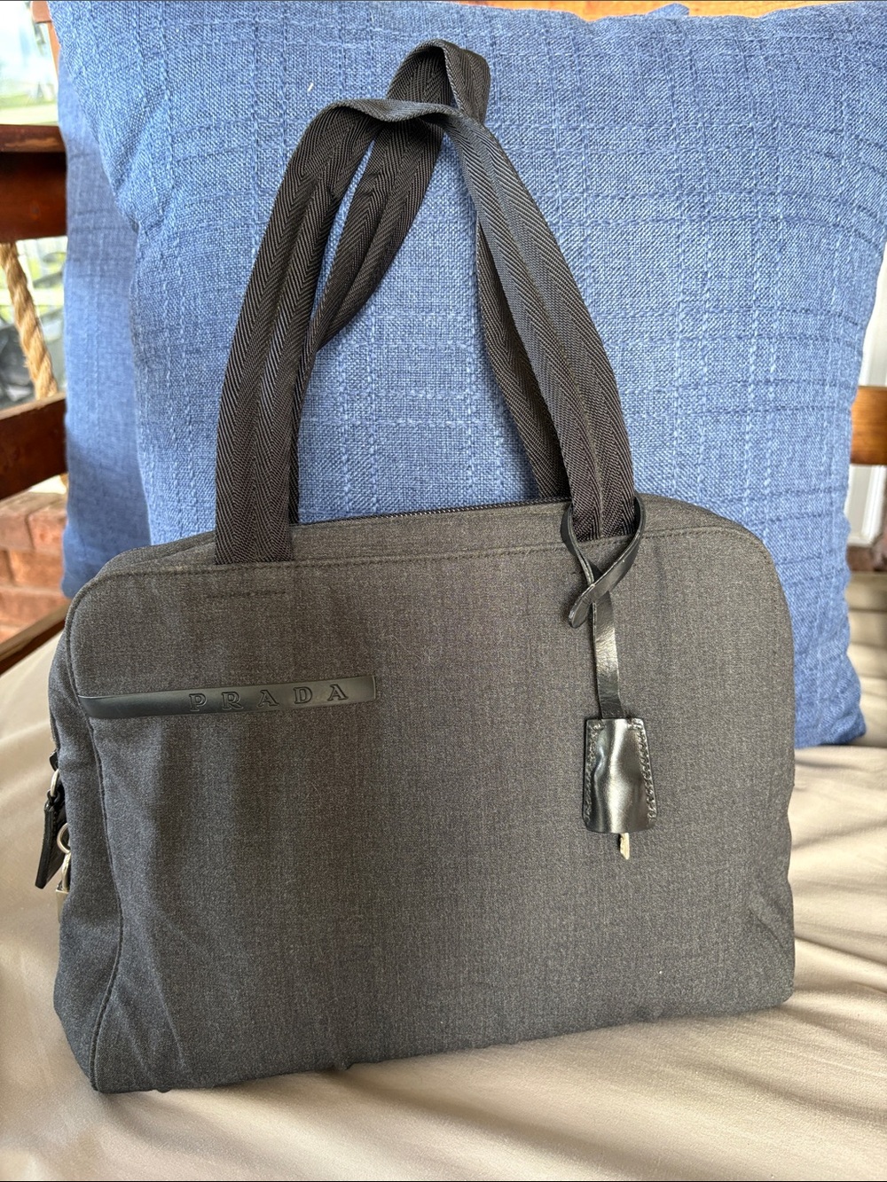 PRADA SPORT Handbag B9337 Black Dark Gray Canvas Logo Shoulder Bag Handheld